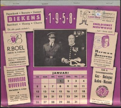 Kalender voor 1958 met foto's Koninklijke bezoeken