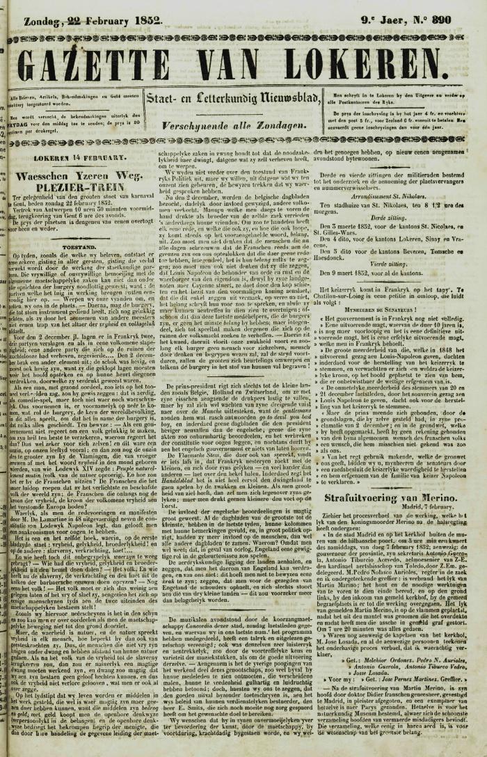 Gazette van Lokeren 22/02/1852