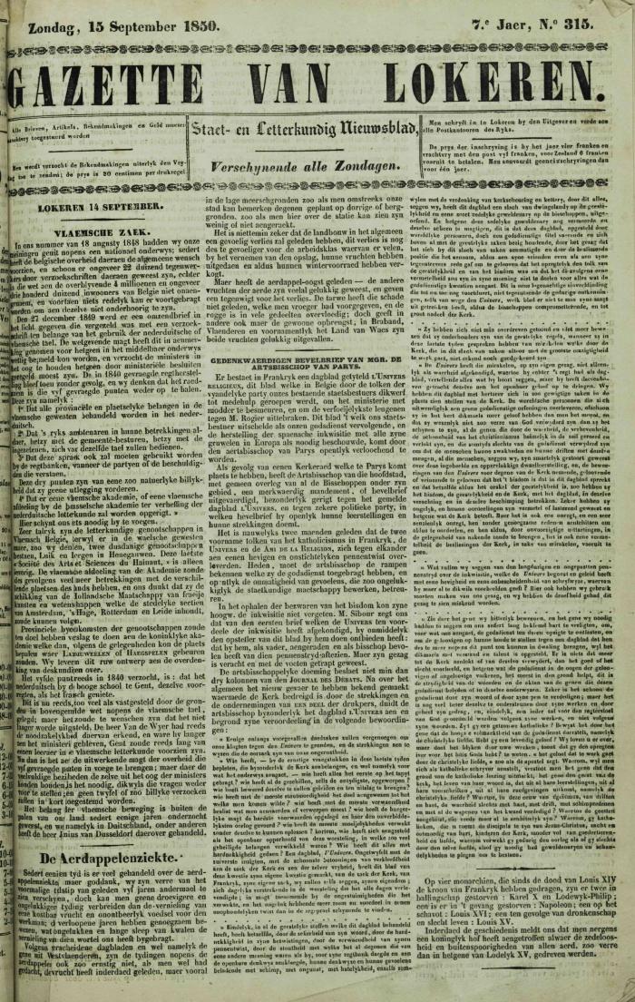 Gazette van Lokeren 15/09/1850