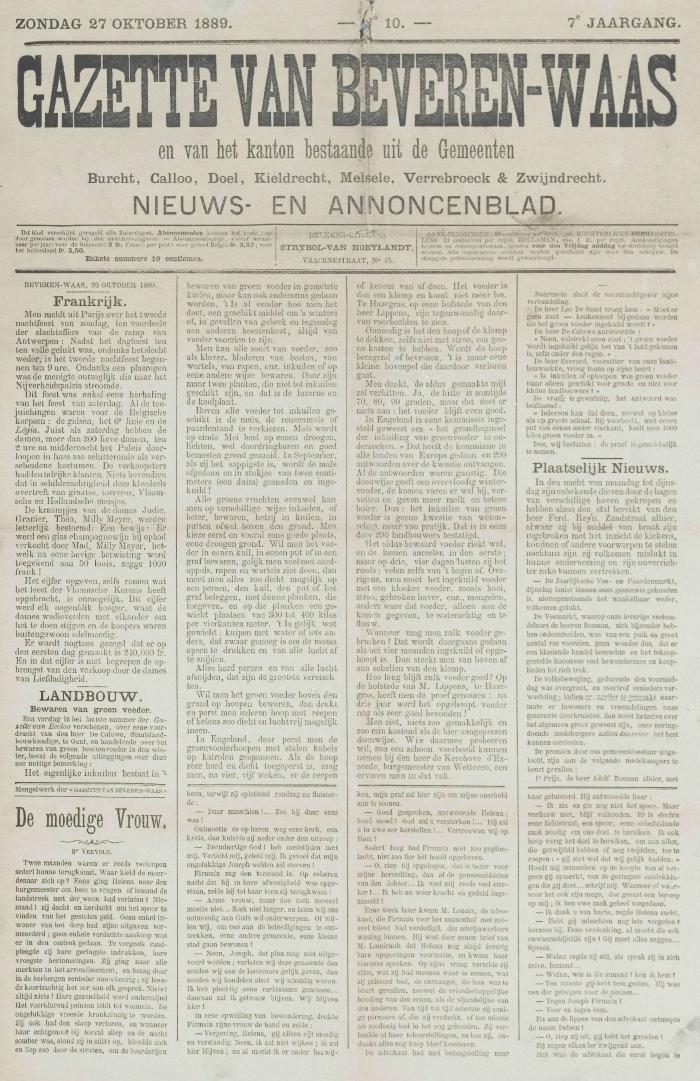 Gazette van Beveren-Waas 27/10/1889