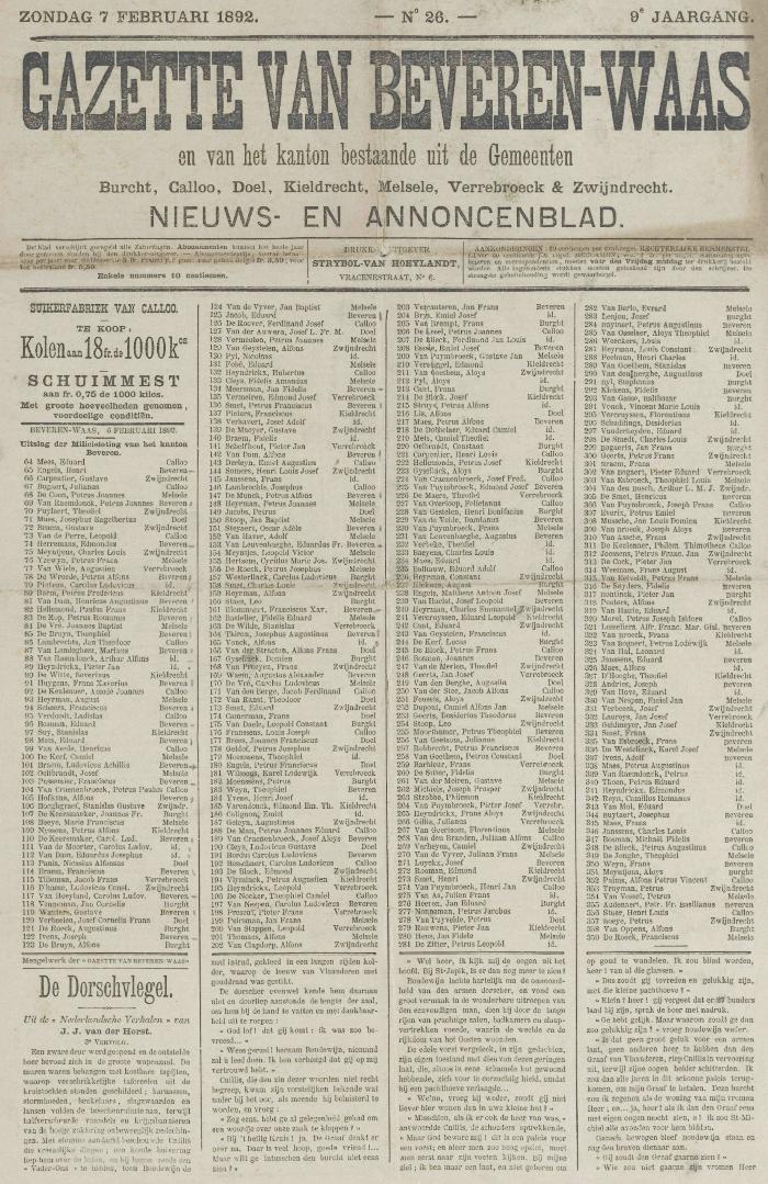 Gazette van Beveren-Waas 07/02/1892