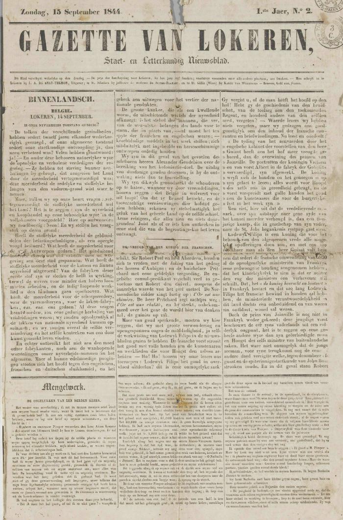 Gazette van Lokeren 15/09/1844