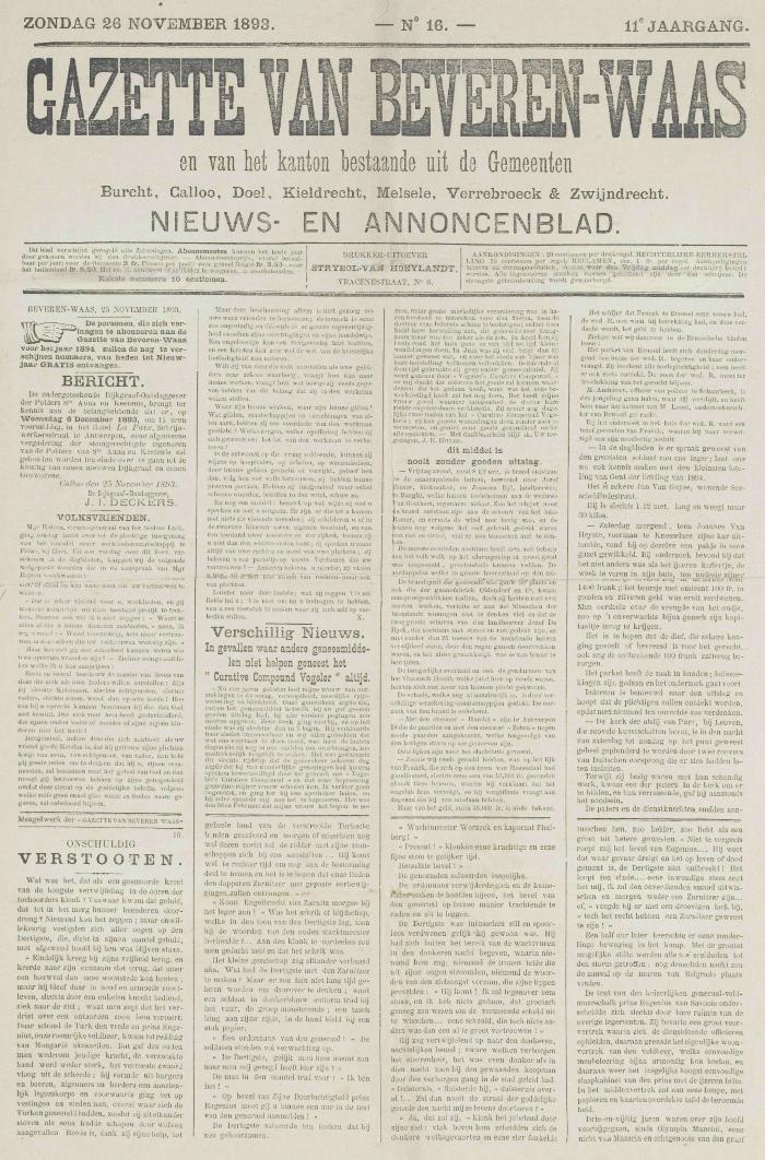 Gazette van Beveren-Waas 26/11/1893