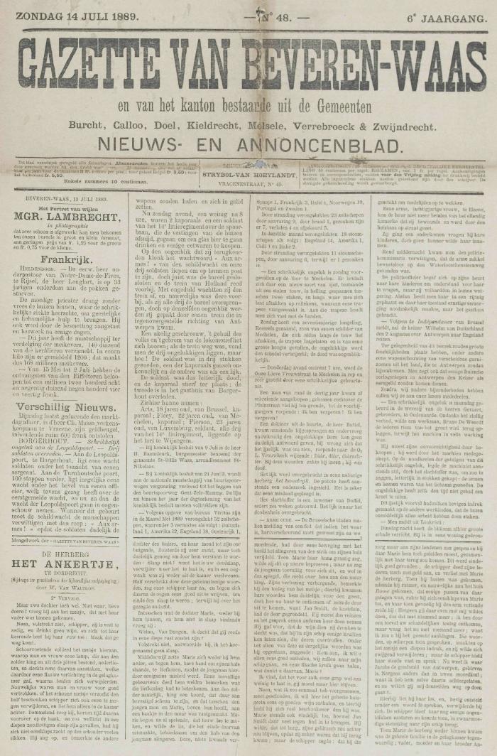 Gazette van Beveren-Waas 14/07/1889