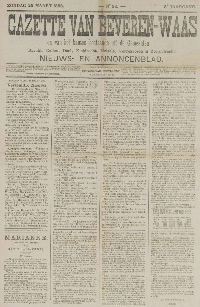 Gazette van Beveren-Waas 25/03/1888