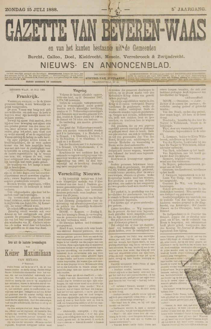 Gazette van Beveren-Waas 15/07/1888