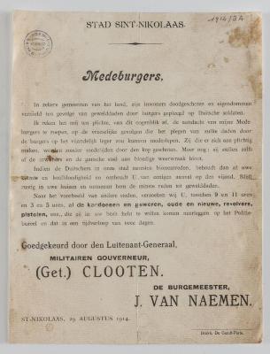 1914-Oproep van Burgemeester J. Van Naemen Sint-Niklaas