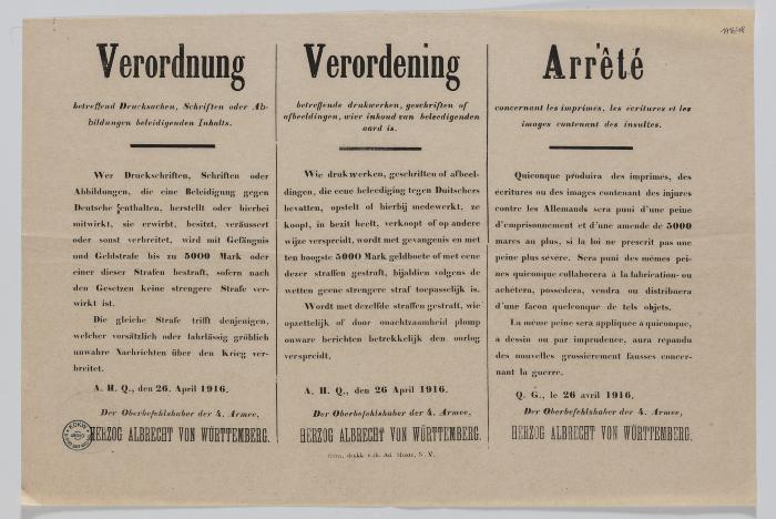 1916- Verordening betrefffende verspreiding van drukwerk van beledigende aard. 