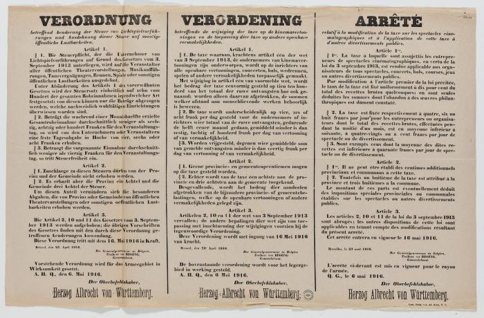 1916- Verordening ivm taxen voor de kinemavertoningen