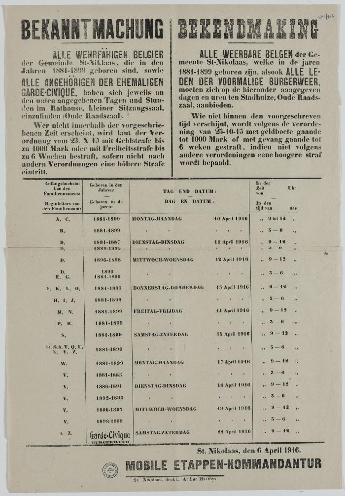 1916- Oproep van weerbare jongeren van Sint-Niklaas