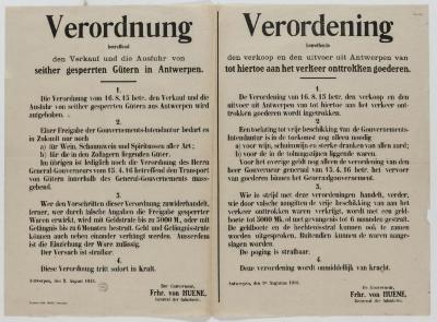 1916- Verordening i.v.m. De verkoop en de uitvoer van goederen uit Antwerpen