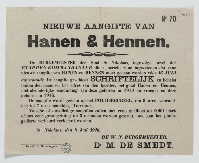 1916- Nieuwe aangifte van hanen en hennen