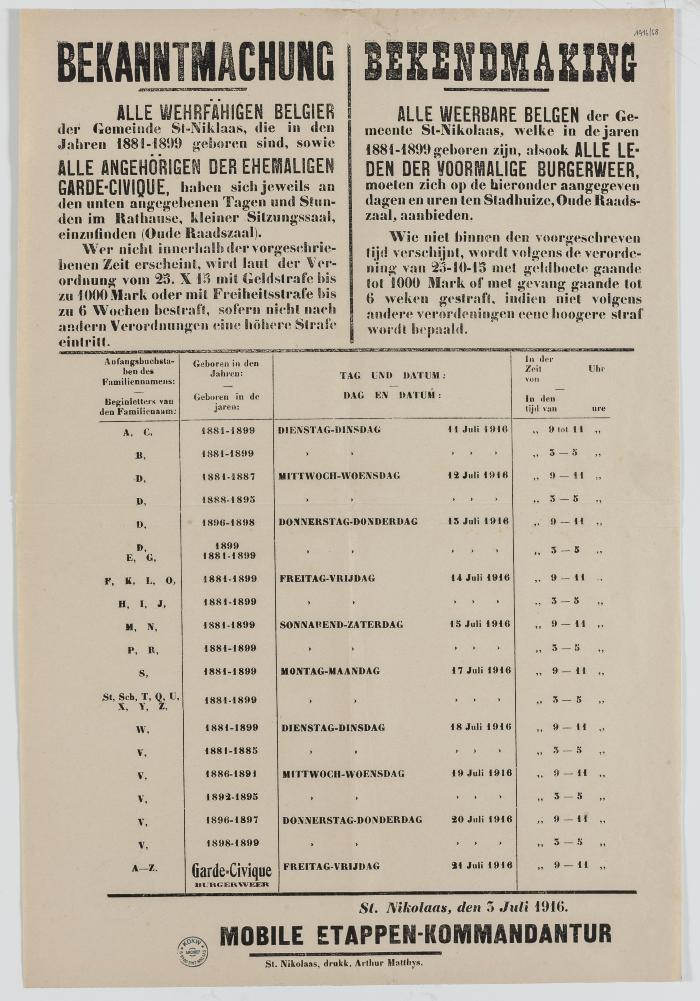 1916- Oproep van weerbare Belgen