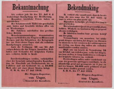 1916- Bekendmaking verbod op 21 juli manifestaties