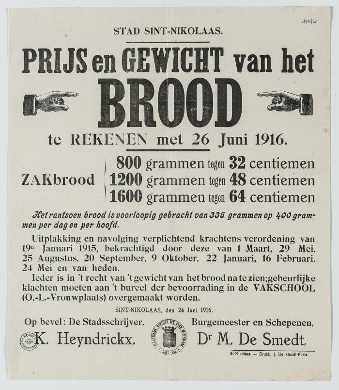 1916- Prijs en gewicht van het brood