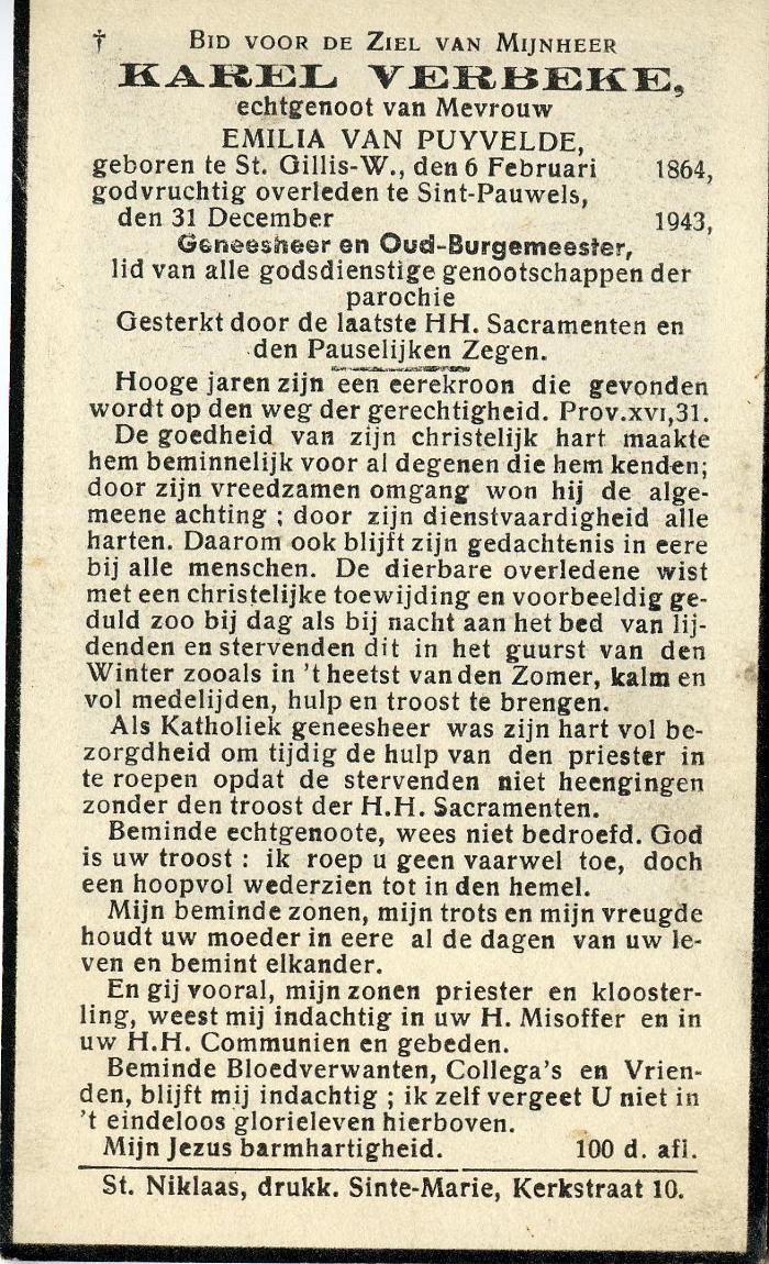 Bidprentje, Verbeke Karel Dr.