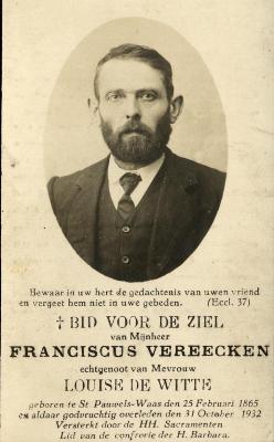 Bidprentje, Vereecken Franciscus