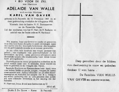 Bidprentje, Van Walle Adelaide