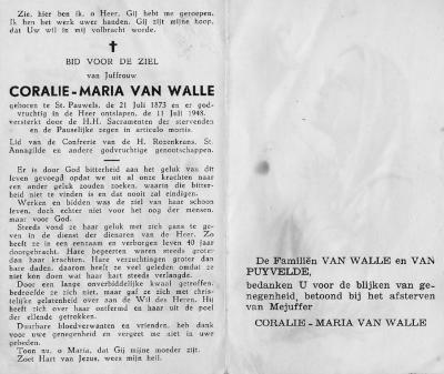 Bidprentje, Van Walle Coralia-Maria