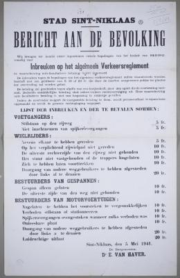 Bericht aan de Bevolking.  Lijst van de inbreuken op het verkeersreglement en de te betalen boetes.
