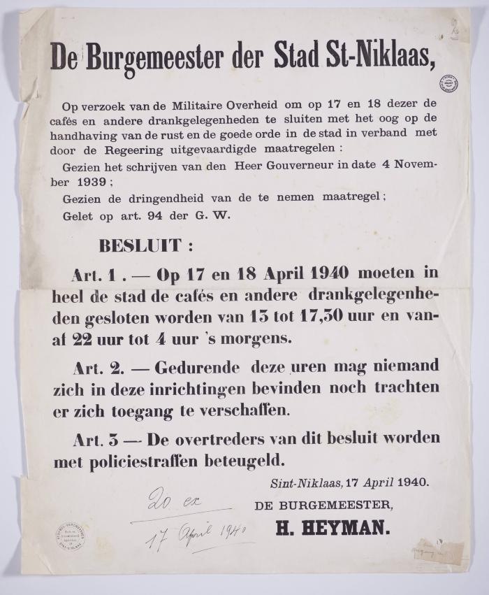 Op 17 en 18 april 1940 sluiting drankgelegenheden  (Belgische Mobilisatie) 
