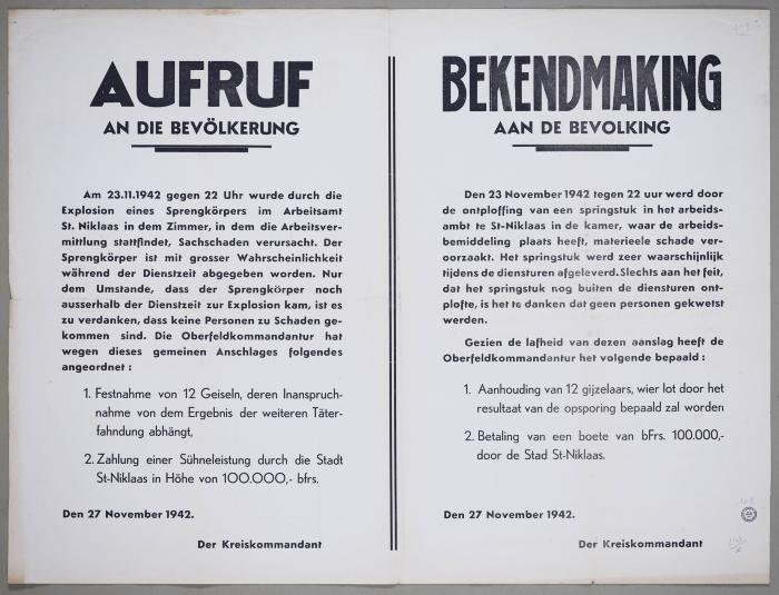 Ontploffing van springtuig te Sint-Niklaas op 23/11/1942 in het arbeids-ambt.  Boete voor de stad Sint-Niklaas van 100.000 Bfr.