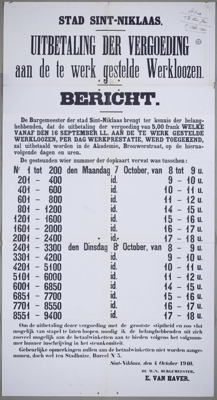 Bericht over de uitbetaling der vergoeding aan de tewerkgestelde werklozen