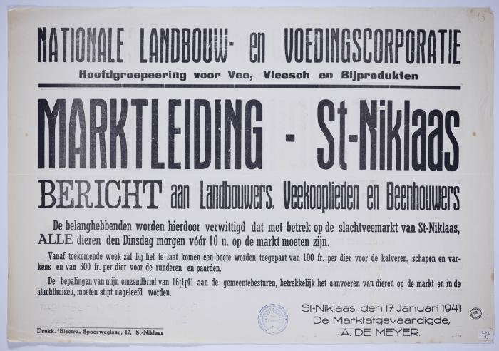 Marktleiding Sint-Niklaas. Alle dieren dienen vóór 10 uur op de markt te zijn 
