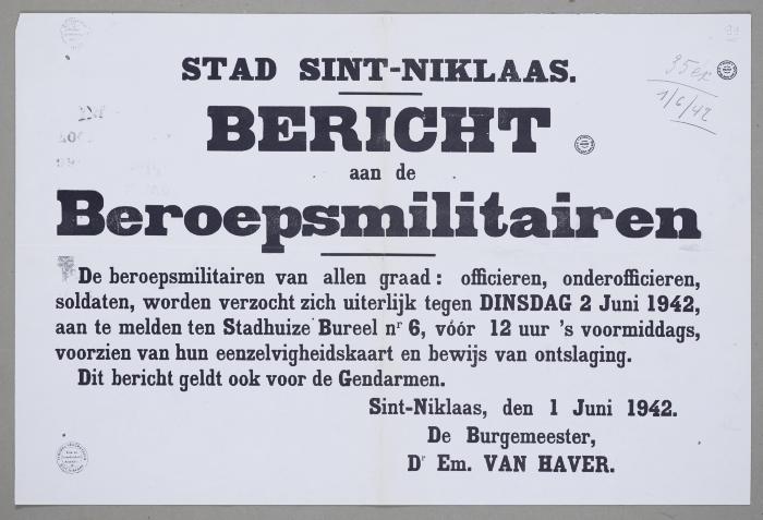 Beroepsmilitairen moeten zich op 2 juni 1942 melden op het stadhuis.
